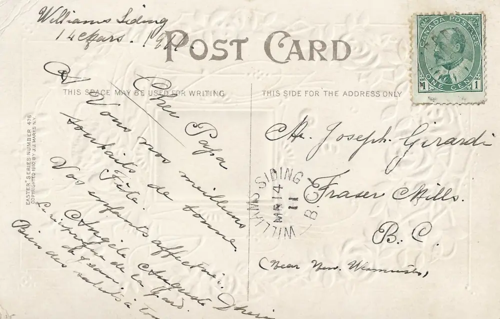Reverso de una postal de 1911 escrita a mano en francés, con sello canadiense de un centavo, dirigida a Mr Joseph Girardi, Fraser Mills.
