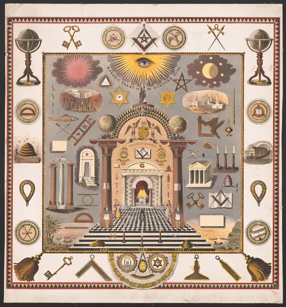 Lámina del siglo XIX: retícula de emblemas masónicos —globos, llaves, colmena, escalera, mandiles— alrededor de un templo de suelo ajedrezado, bajo un ojo dentro de un triángulo radiante.