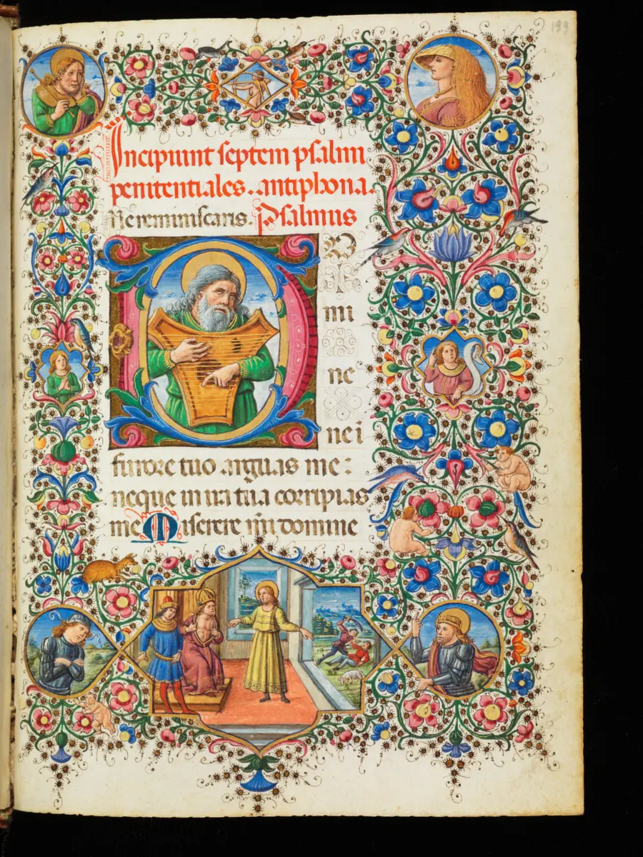 Página de un libro de horas del siglo XV, con los siete salmos penitenciales y una orla floral en los cuatro márgenes.