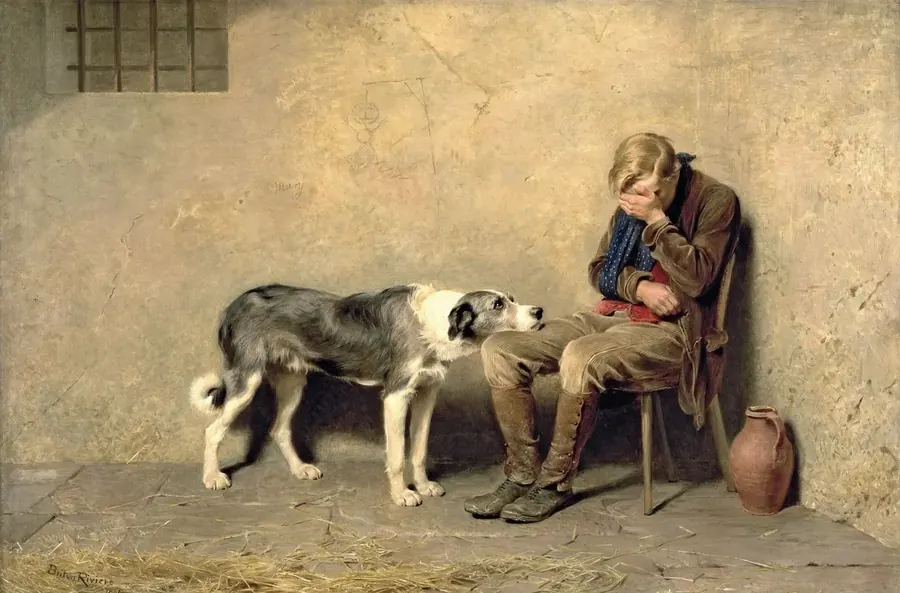 Pintura de 1869: un muchacho sentado en una celda, la cara escondida en la mano, y un perro de pie frente a él que lo mira fijamente.
