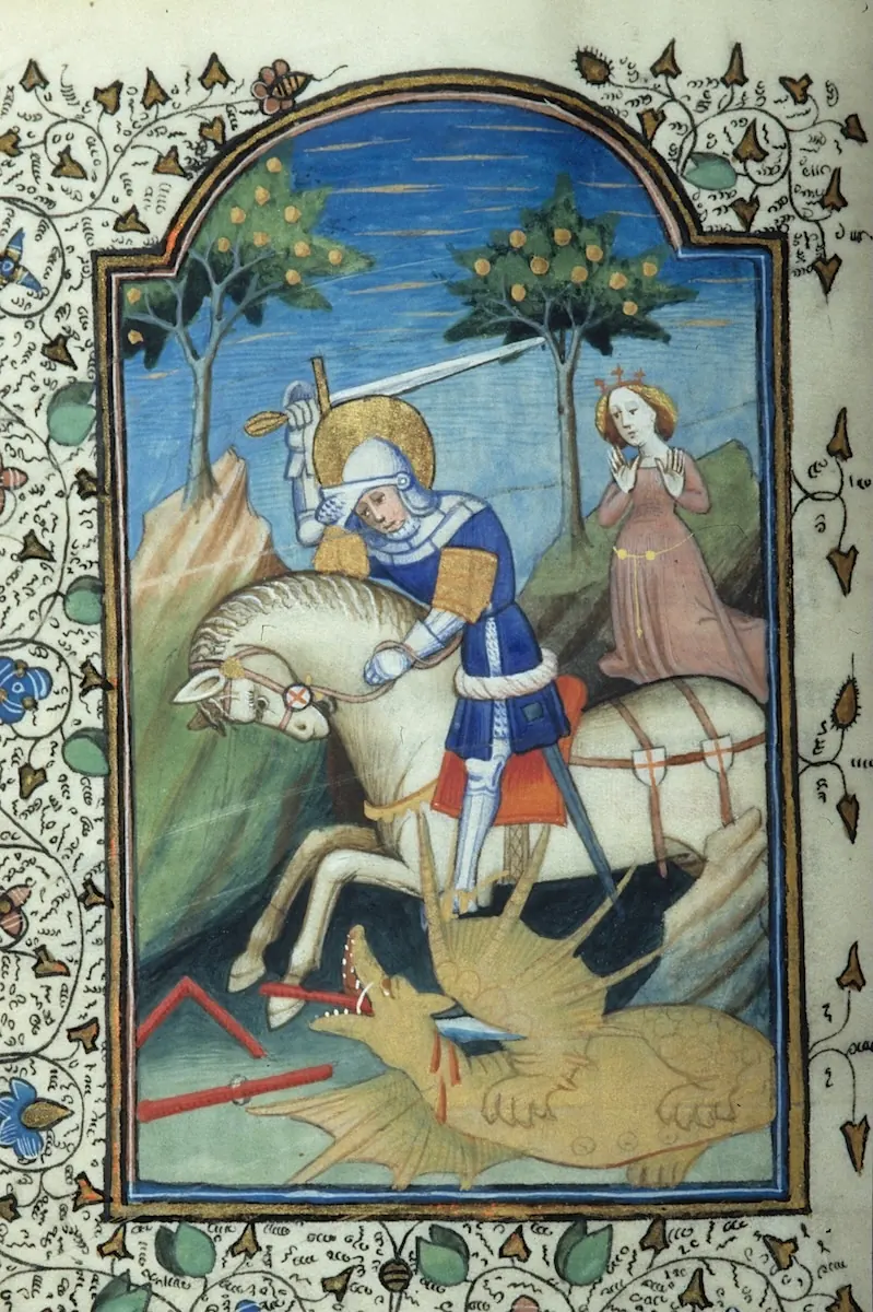 Miniatura del siglo XV: San Jorge a caballo con la espada en alto sobre un dragón atravesado; a la derecha, una princesa con las manos juntas.